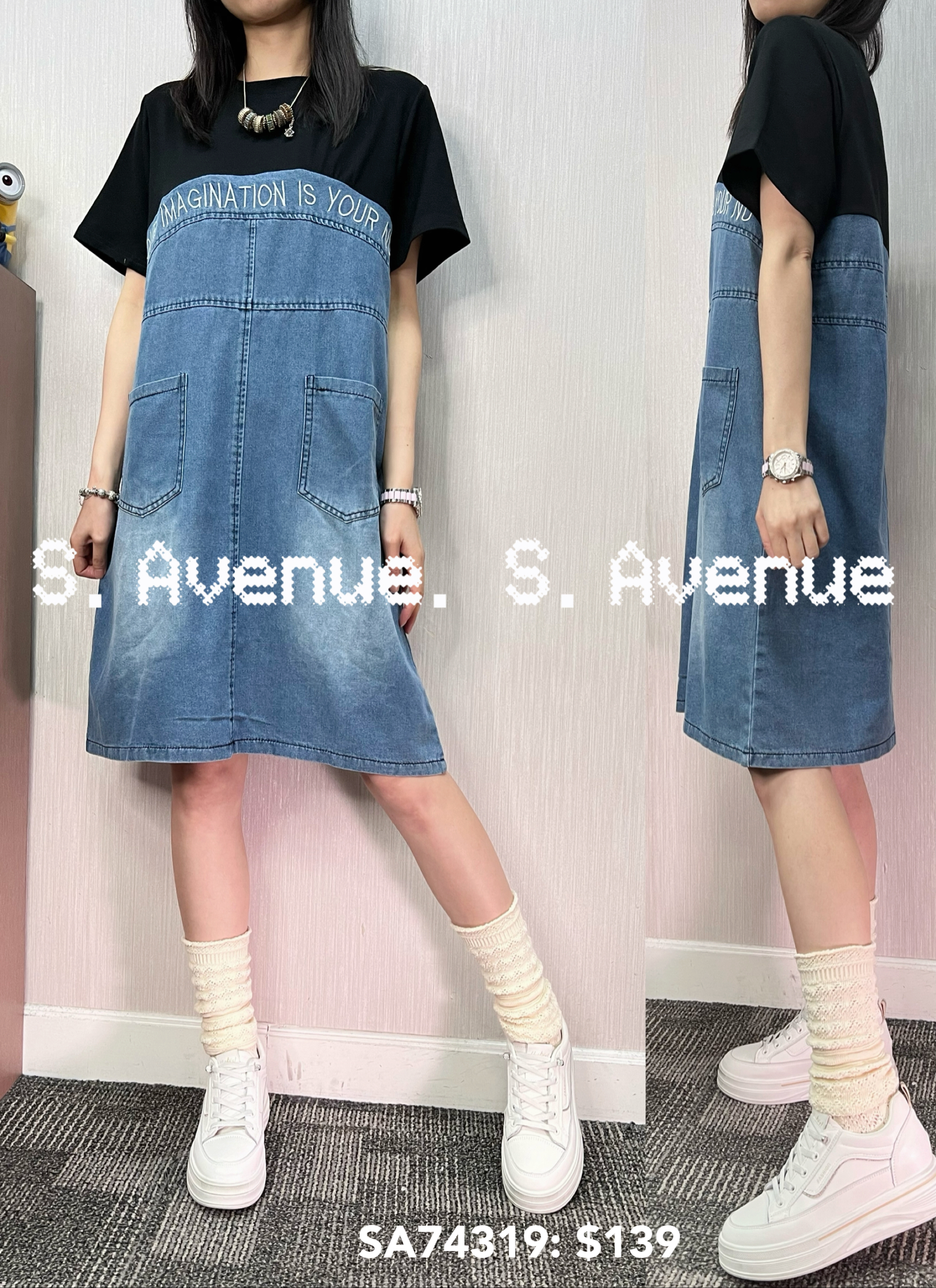 SA74319: 短袖前有骨繡英文字雙袋牛仔op