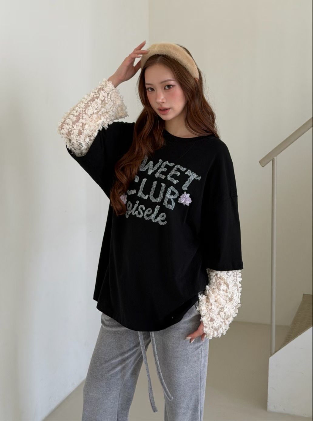 221686 “SWEET CLUB  gisele” 假兩件lace袖tee