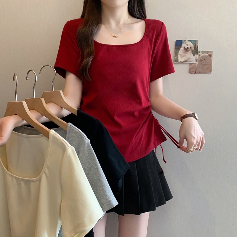 B233(A1868) 韩版休闲风U领双边腰抽绳显瘦4色上衣