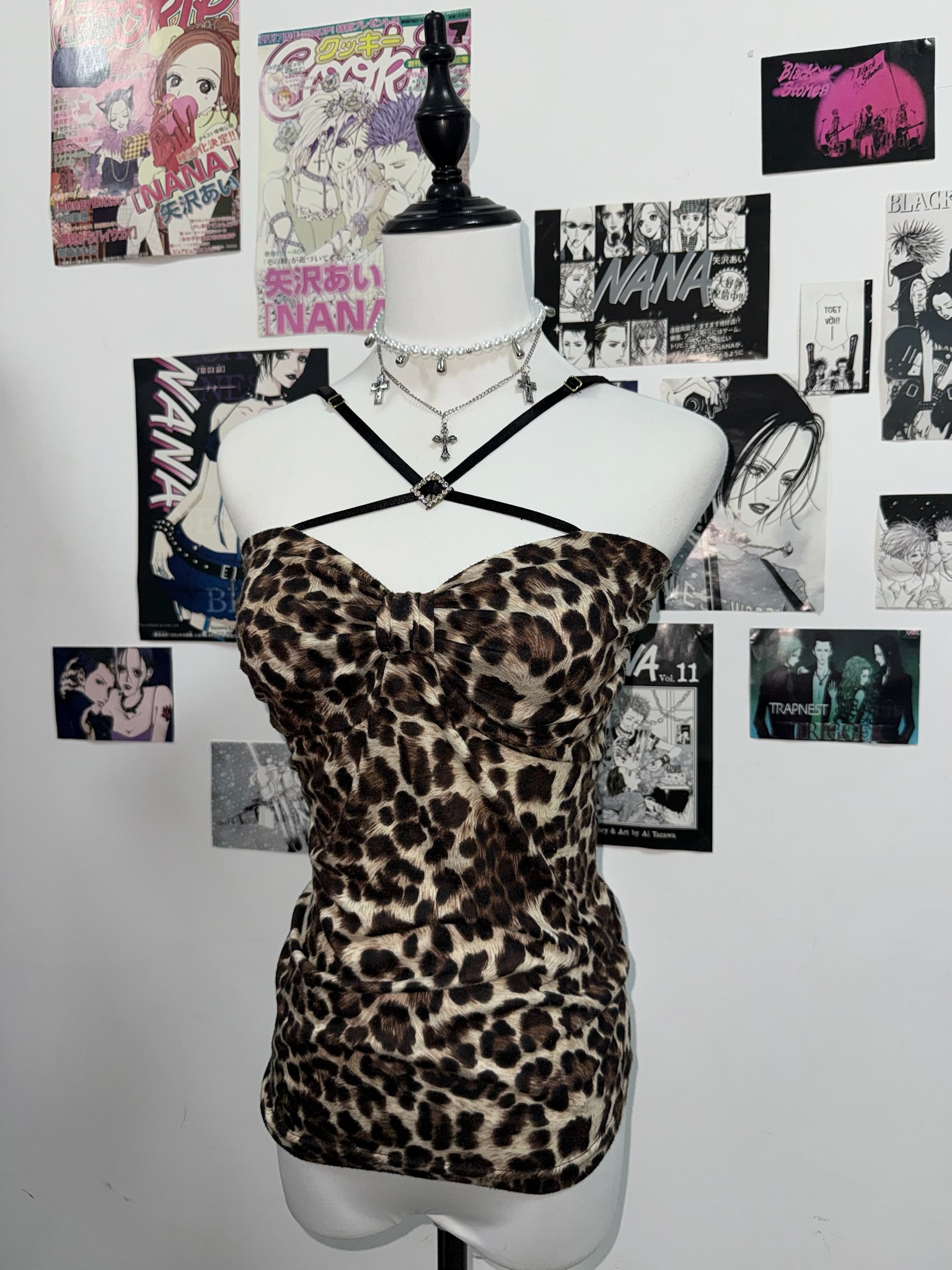 Rhinestone Detail Ruched Bustier Leopard Top