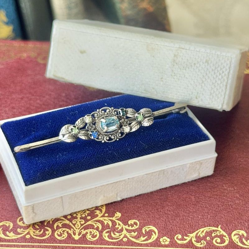 Antique Early 1900s Silver Tone Blue Glass Ornate Bar Brooch (NZ100)