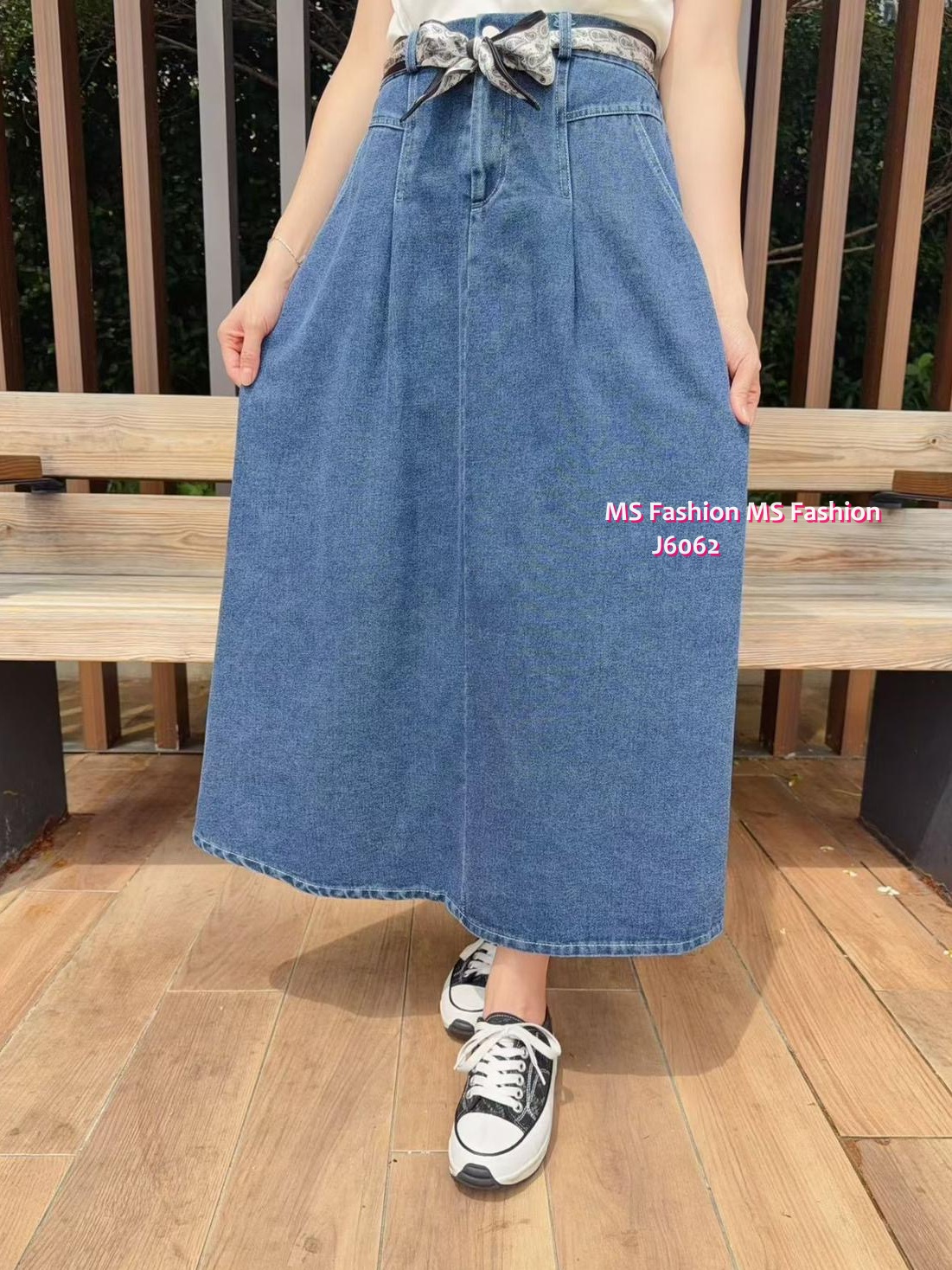 J6062 韓國🇰🇷花布腰帶牛仔半裙