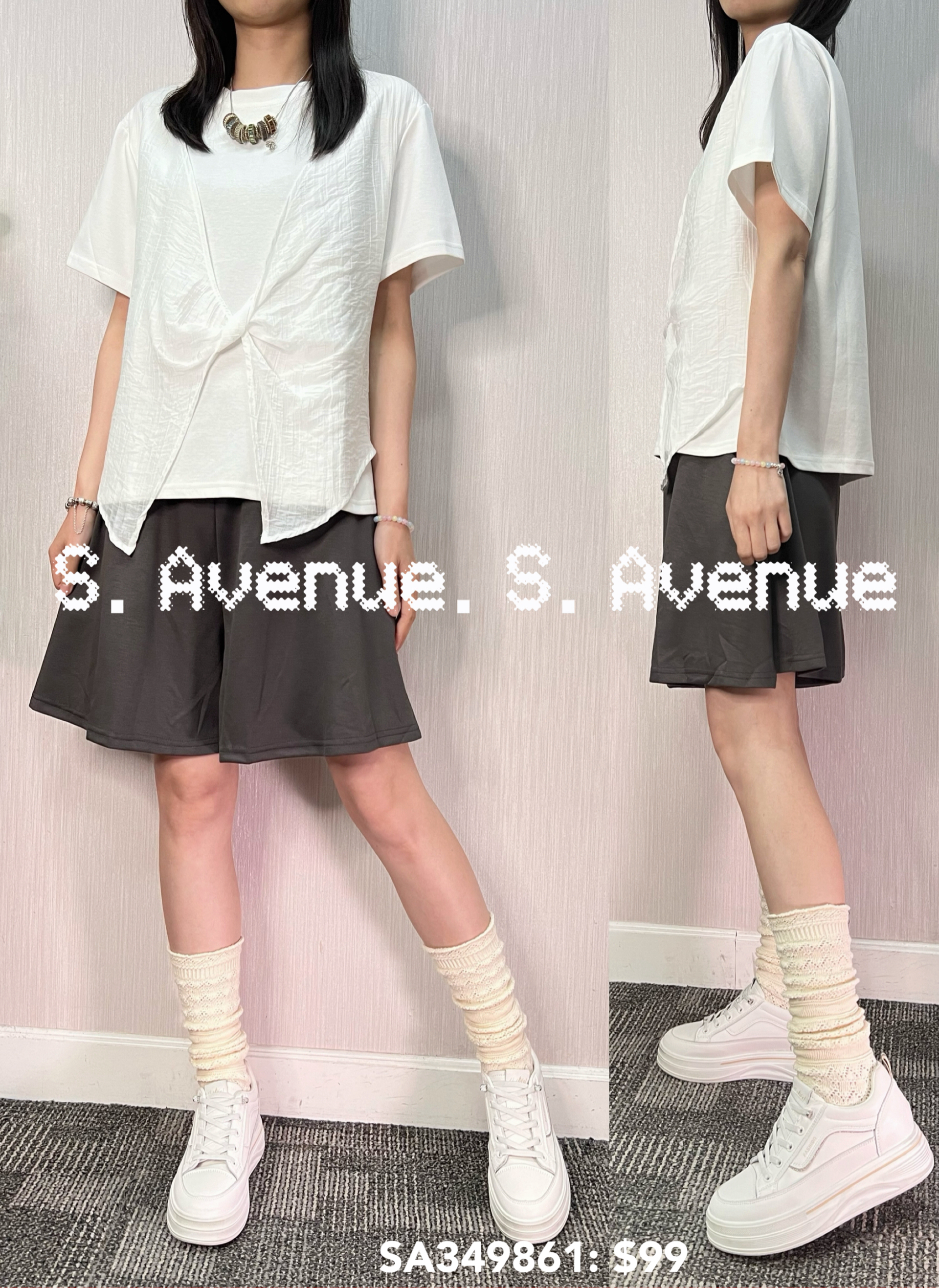 SA349861: 短袖中間打結雪紡假兩件