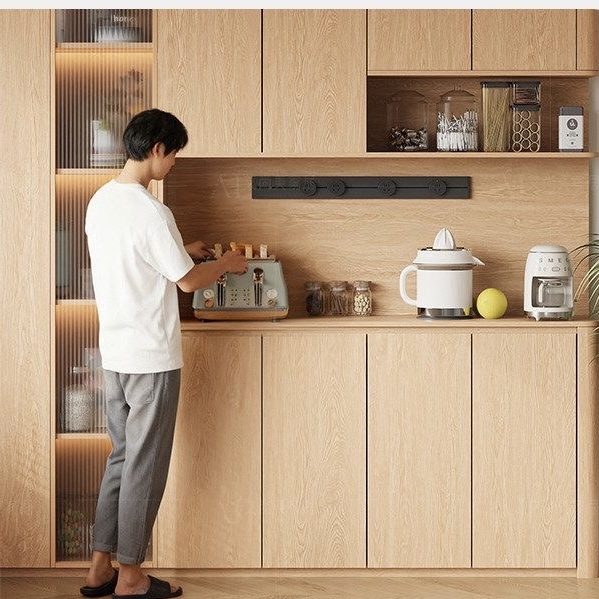 實木橡木圓弧餐邊櫃 靠牆一體儲物櫃 現代簡約客廳家用茶水櫃Storage Cabinet