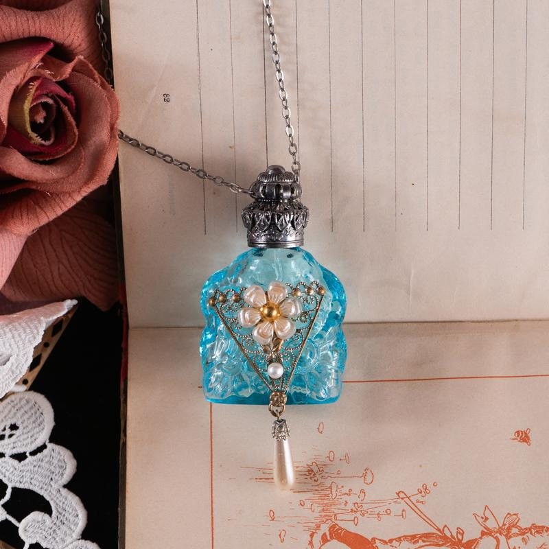 Vintage Sky Blue 3D Floral Glass Dangle Faux Pearl Purse Perfume Bottle Necklace - Recomposed New Old Stock(MZ001-16)