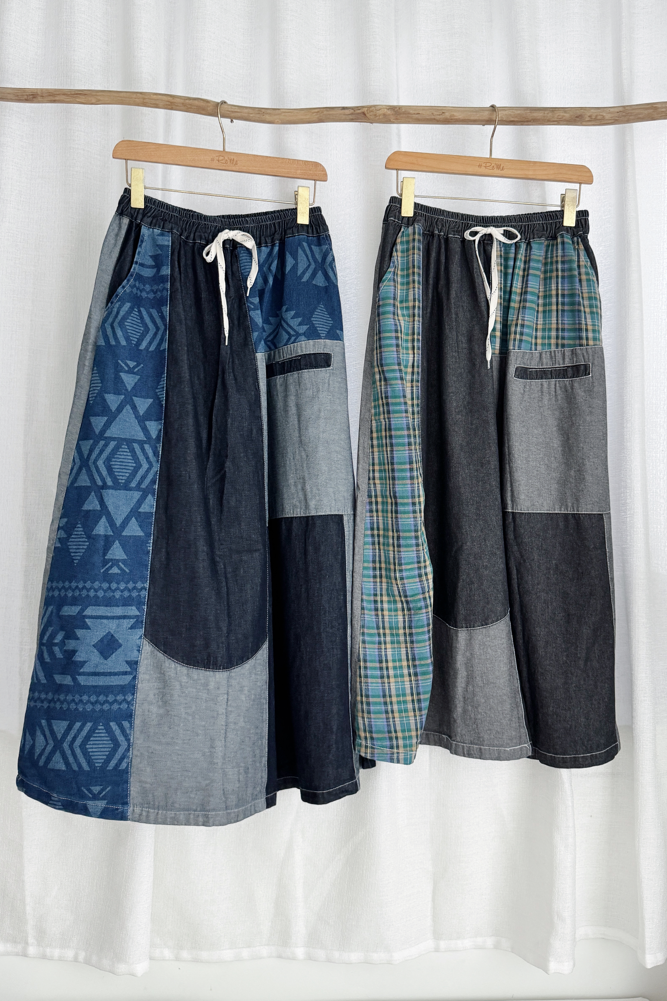 复古文艺风拼接A字牛仔裙