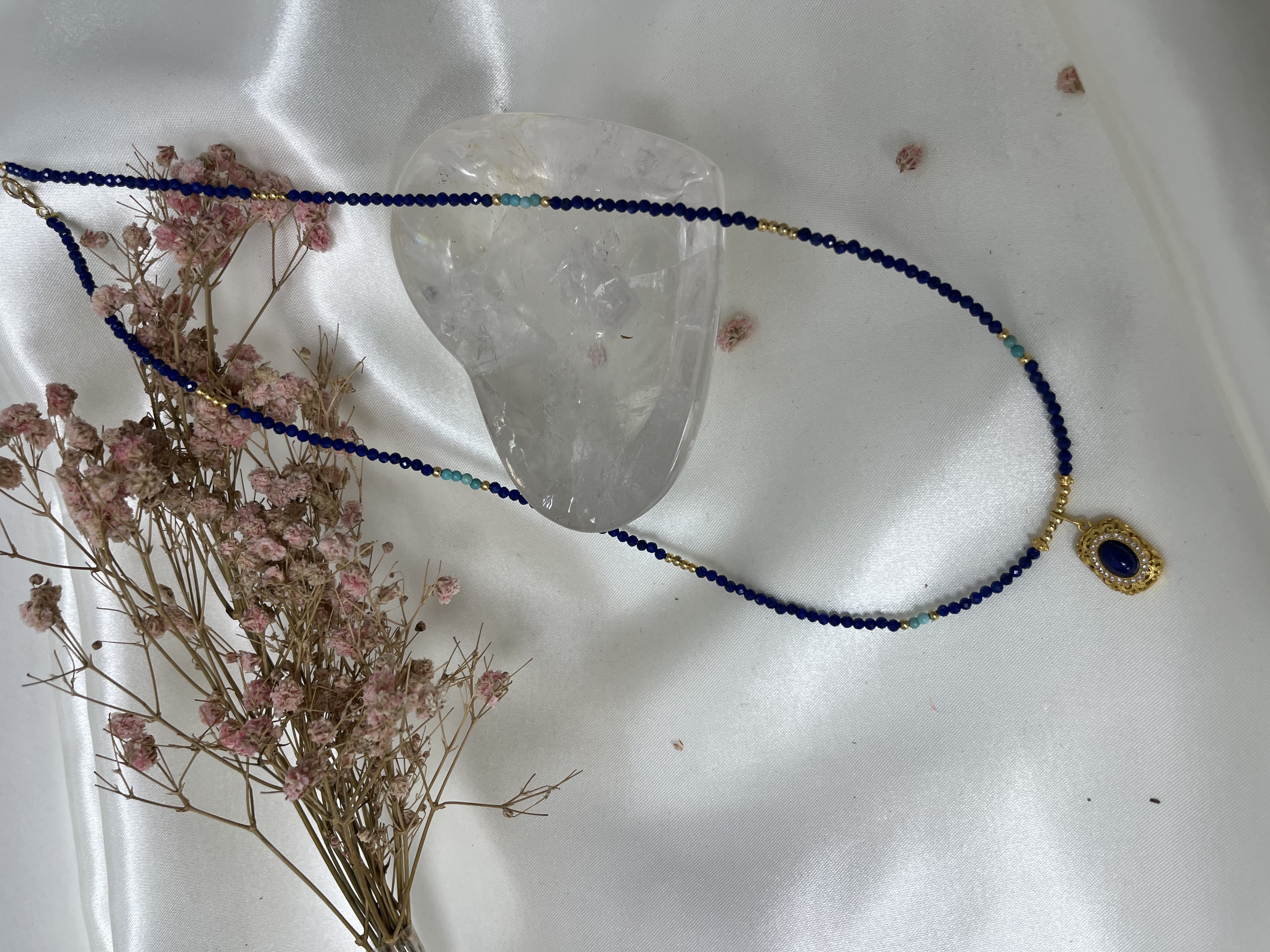 青金石、綠松石配s925銀設計款連吊墜頸鏈長度50cm 2m+切面