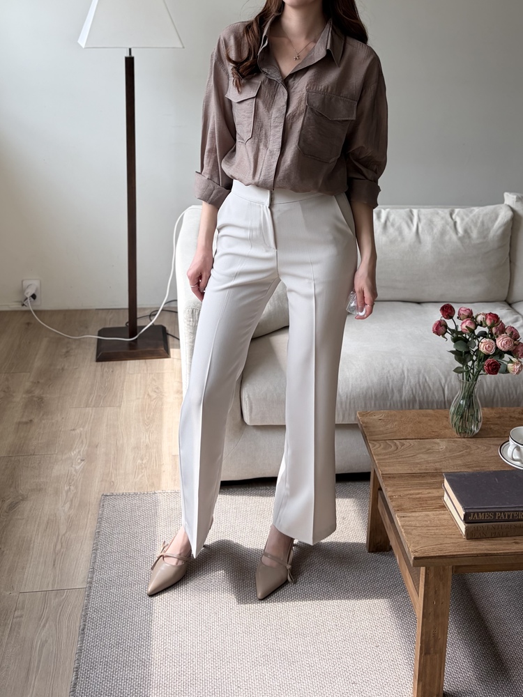 Feminine Belted Pocket Blouse (Brown)