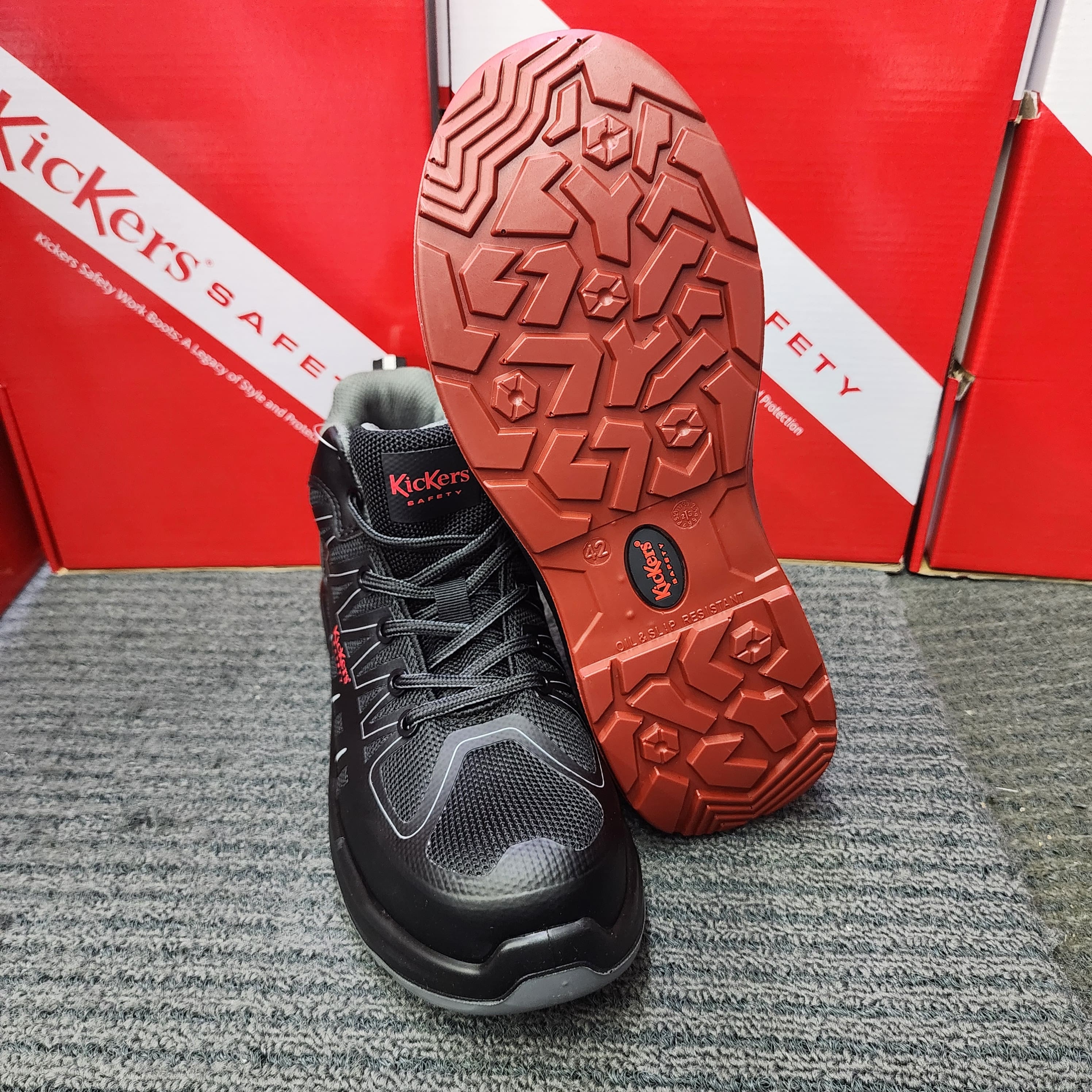 KicKers 2512 Safety Mid Cut Lace ESD Black Red Grey Safety Shoes Kasut Keselamatan