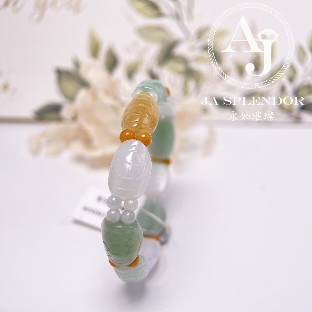 OF-06-A 天然翡翠A玉 - 冰潤三彩長壽吉祥龜貝手串