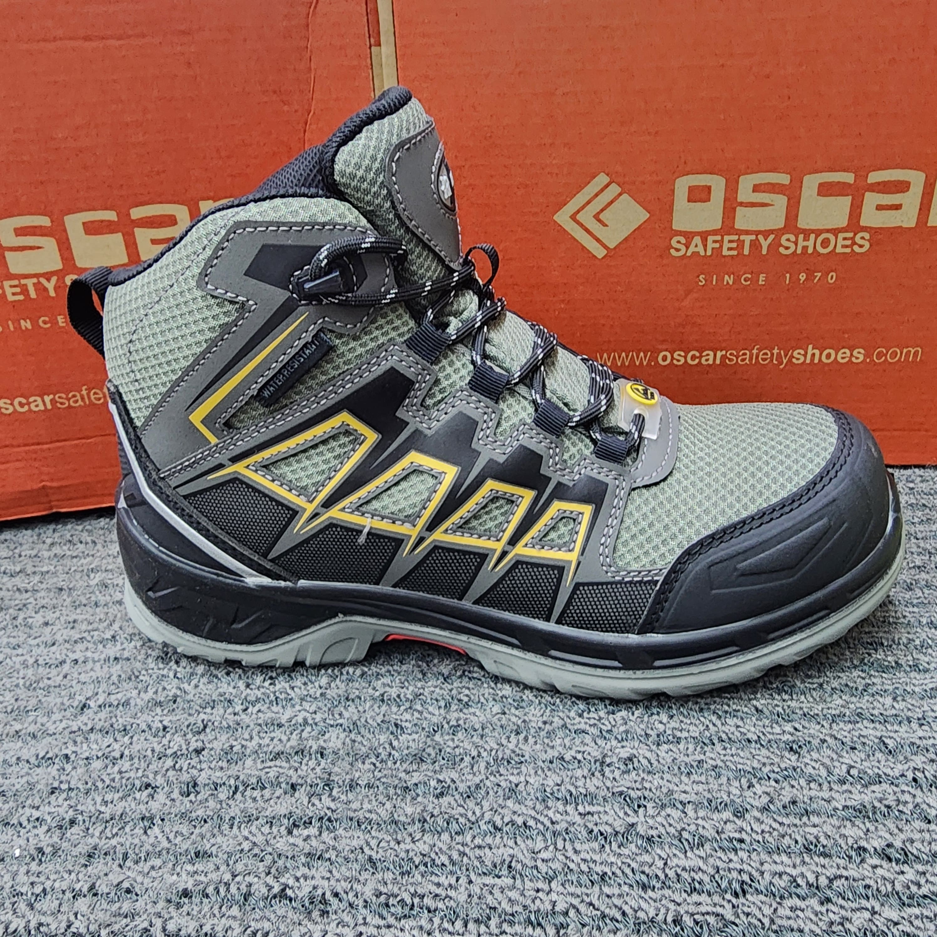 Oscar 122 123 Sport Safety Shoes Mid Cut Lace Khaki Grey ESD SHOES Water Resistant  Kasut Keselamatan