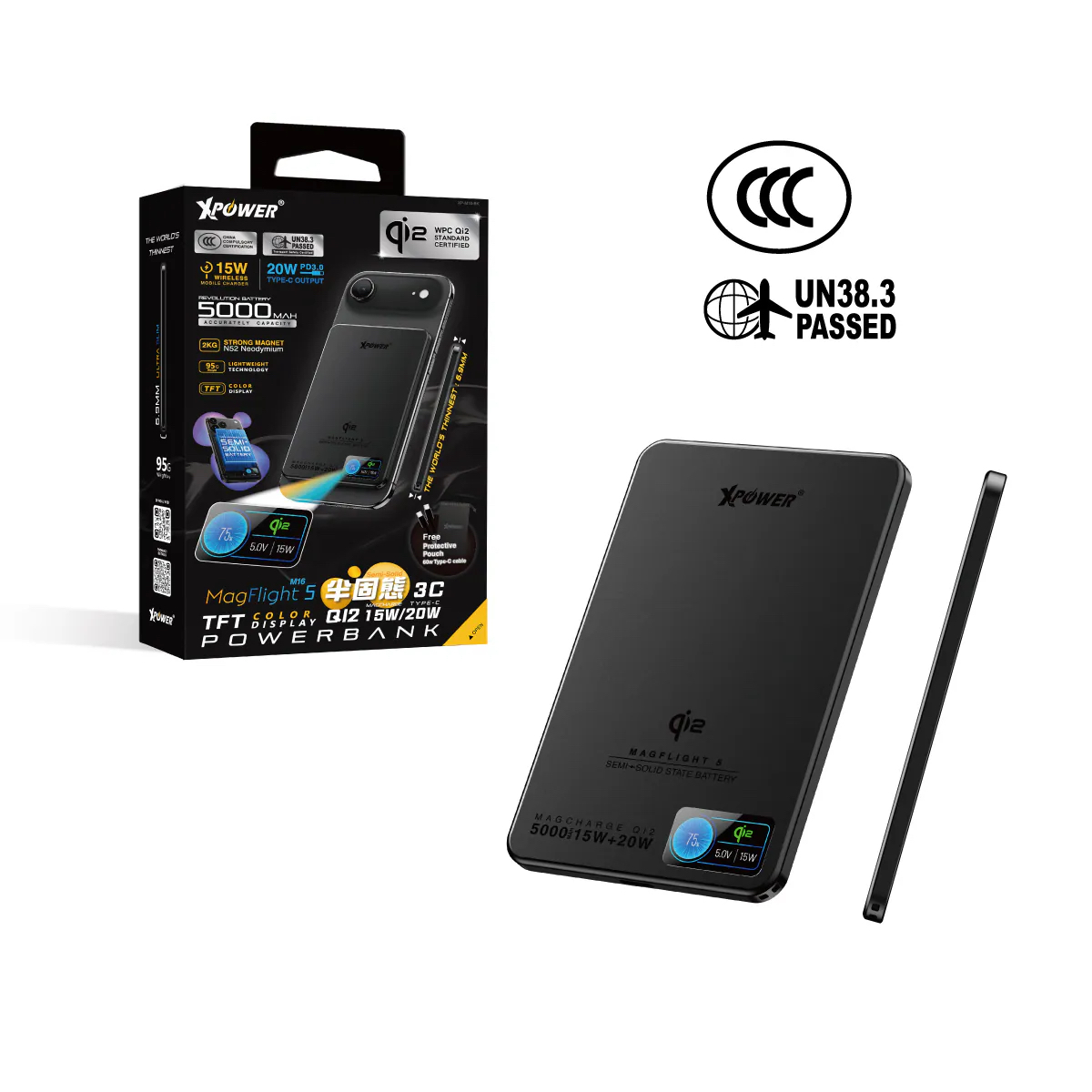 (3C認證) XPower MagFlight5 M16 鋁合金半固態TFT彩屏顯示 QI2 15W/20W 5000mAh 磁吸行動電源