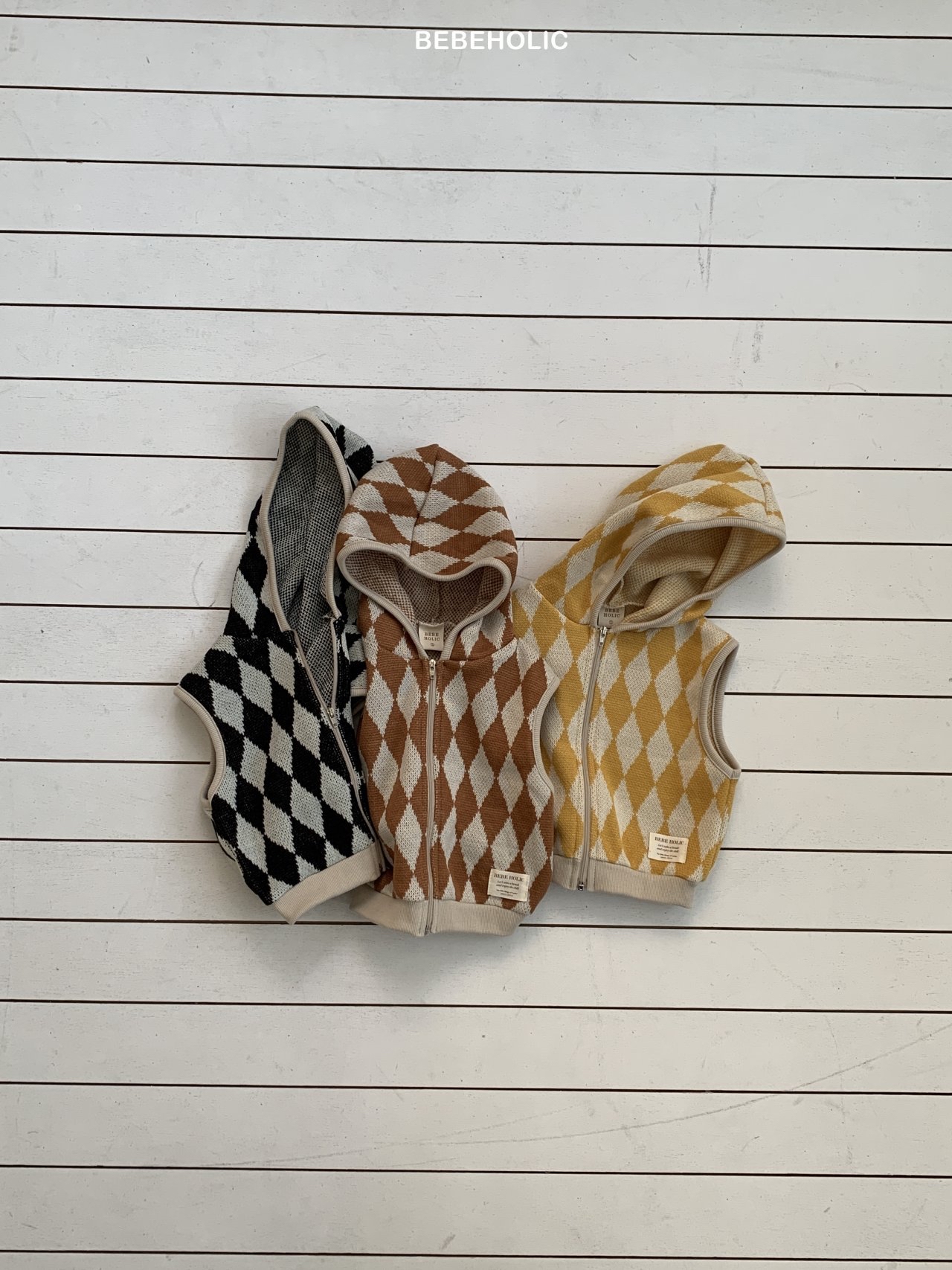 🌸預訂 韓國直送🌸🇰🇷BEBEHOLIC三色菱格連帽背心拉鍊外套