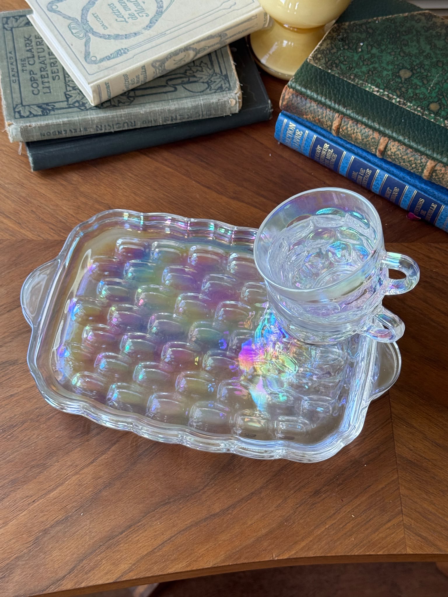 Vintage C.a. 1960s USA Federal Glass Yorktown “Thumbprint” Iridescent Snack Set -2 Sets  (MT2641)