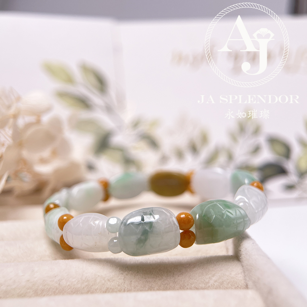 OF-06-J 天然翡翠A玉 - 冰潤三彩長壽吉祥龜貝手串