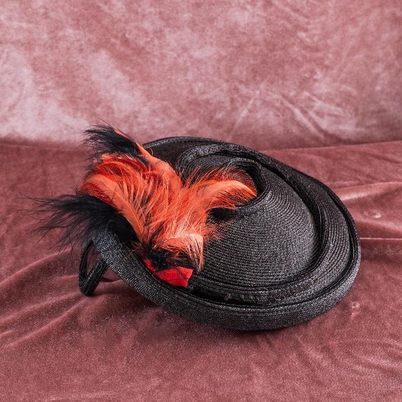 Vintage 1950s Montreal Made VOGUE Charcoal Grey Straw Half Hat with Feather