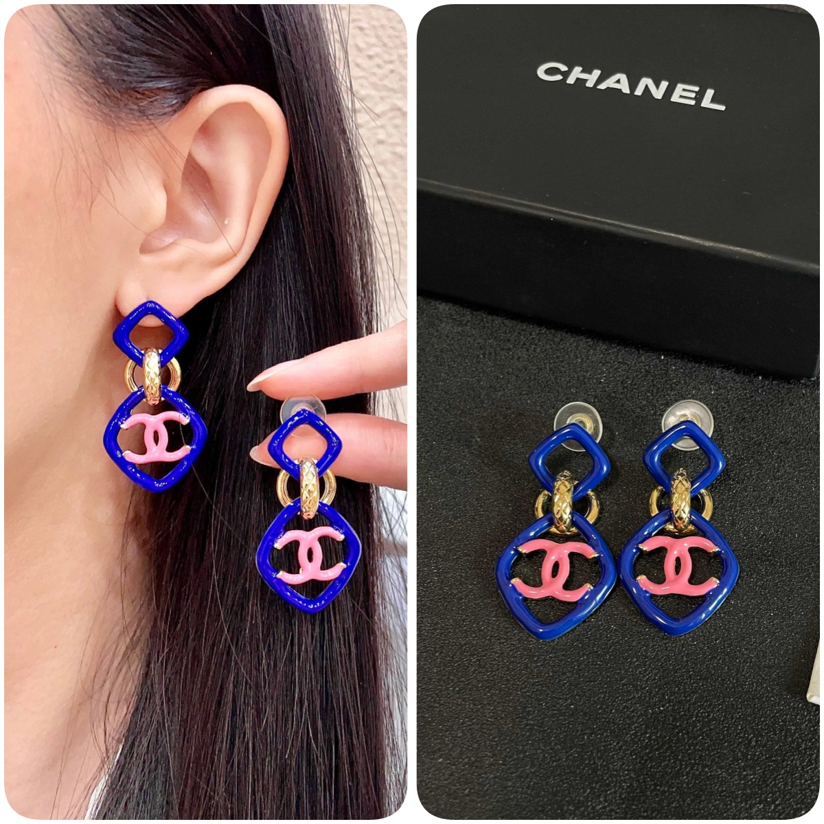 CHANEL 藍粉方塊菱格耳環