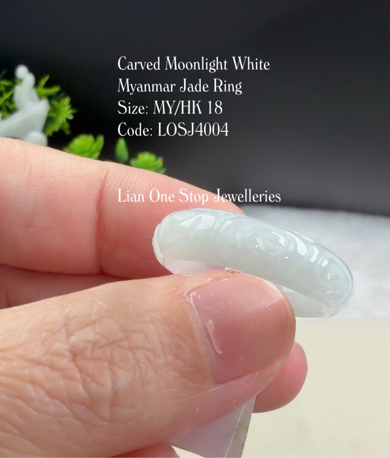 Size 18 Code: LOSJ4004 Carved Moonlight White Myanmar Jade Ring 