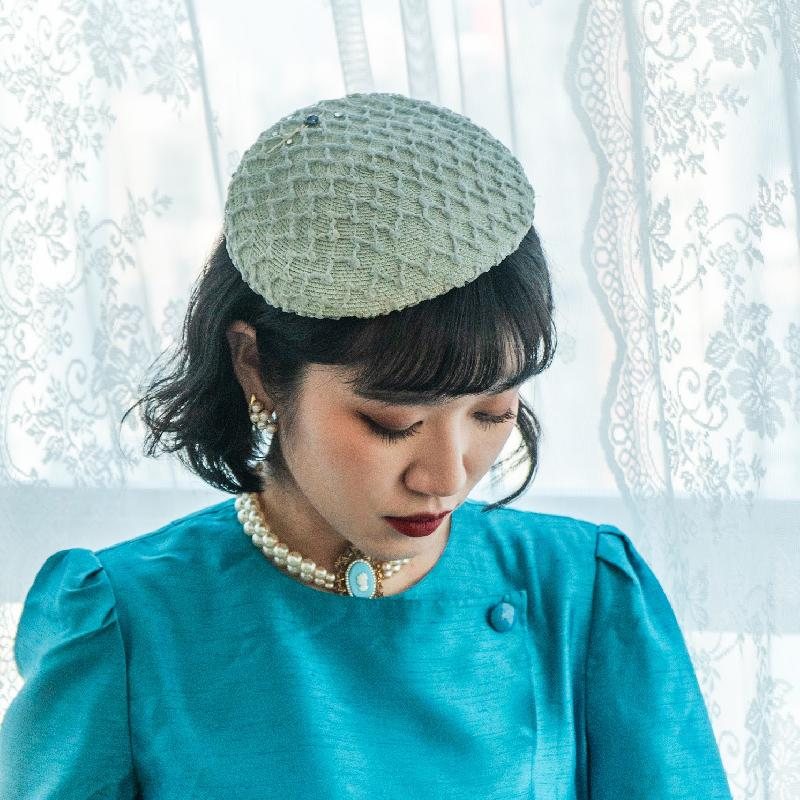 C.a. 1950-60s Vintage Light Cyan Lace Netting Small Saucer/Flat Hat from Canada(MT964)