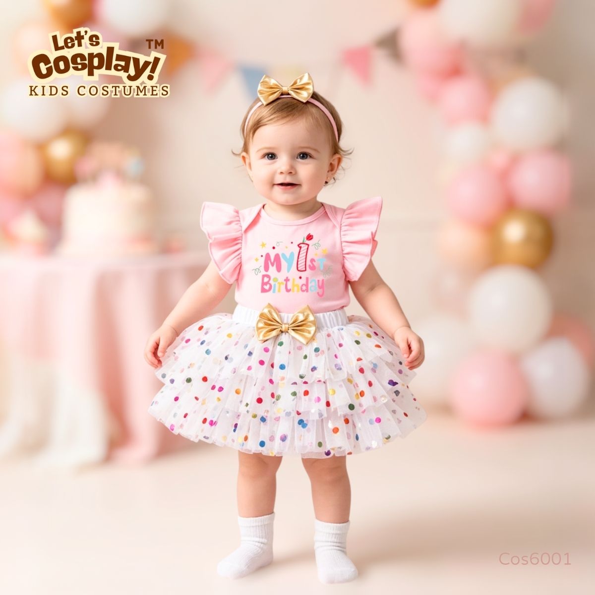 1歲生日BB女服裝 My 1st Birthday 粉紅連身衣及彩色波點紗裙套裝 (Cos6001) | Let's Cosplay 香港現貨
