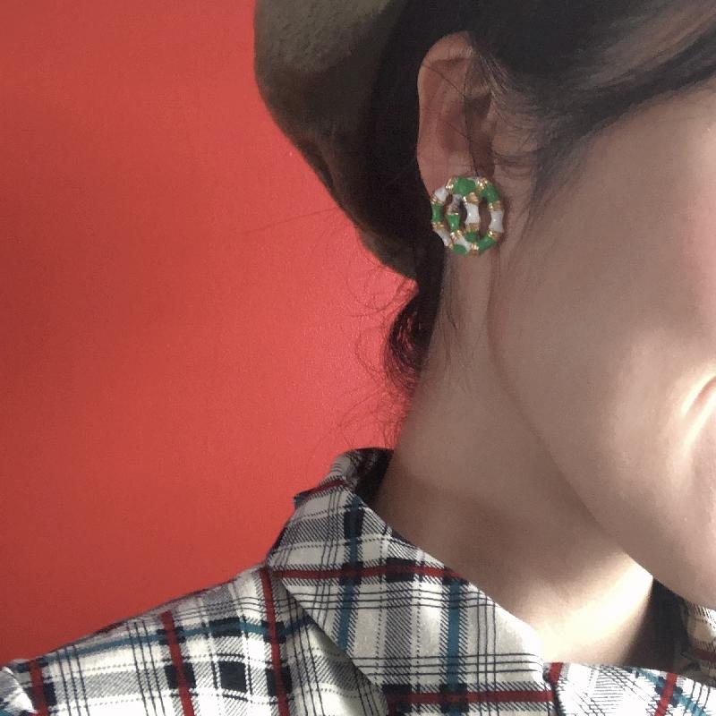 C.a. 1950-60s Green & White Nautical Double Ring Clip Earrings from Germany (MZ061)