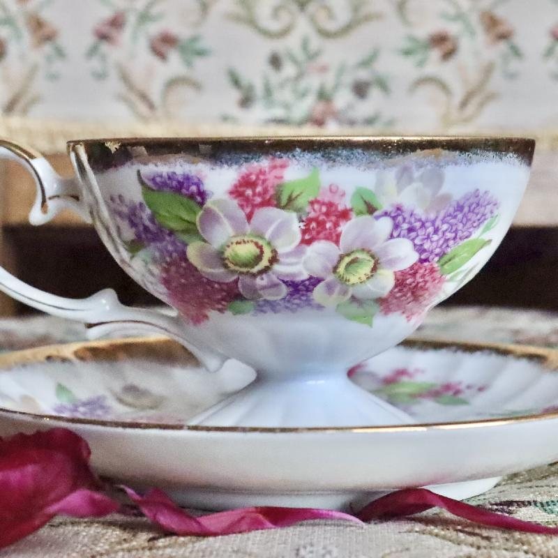 C.a. 1950-60s Japanese Shafford Hand Decorated Pink & Purple Footed Tea Set Duo (MT1682)