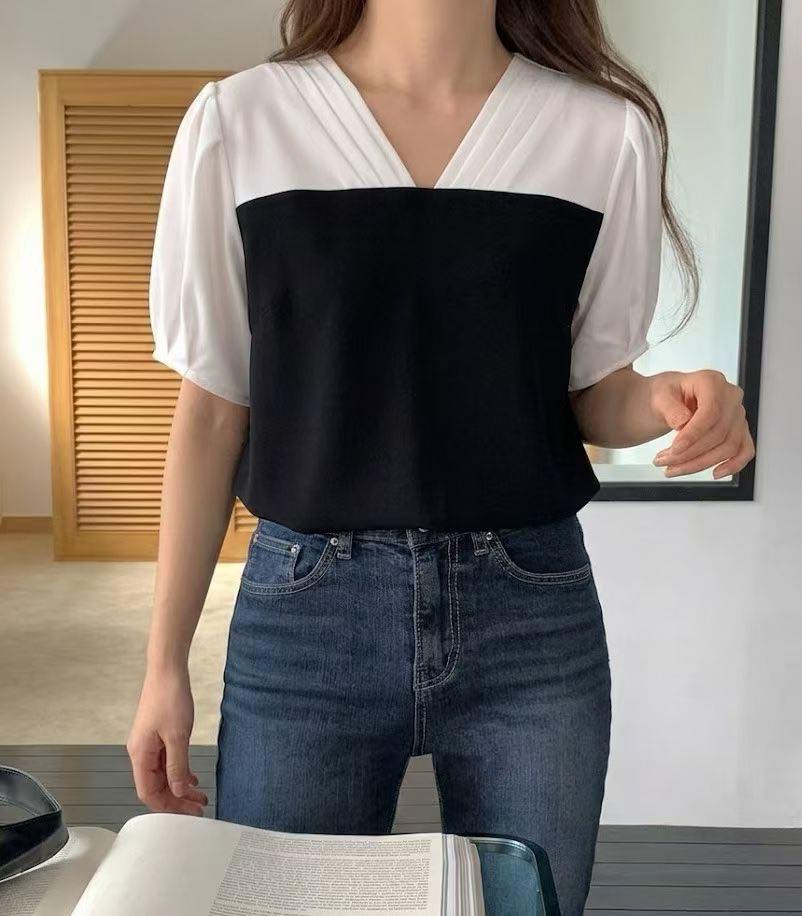 拼色V領氣質Top