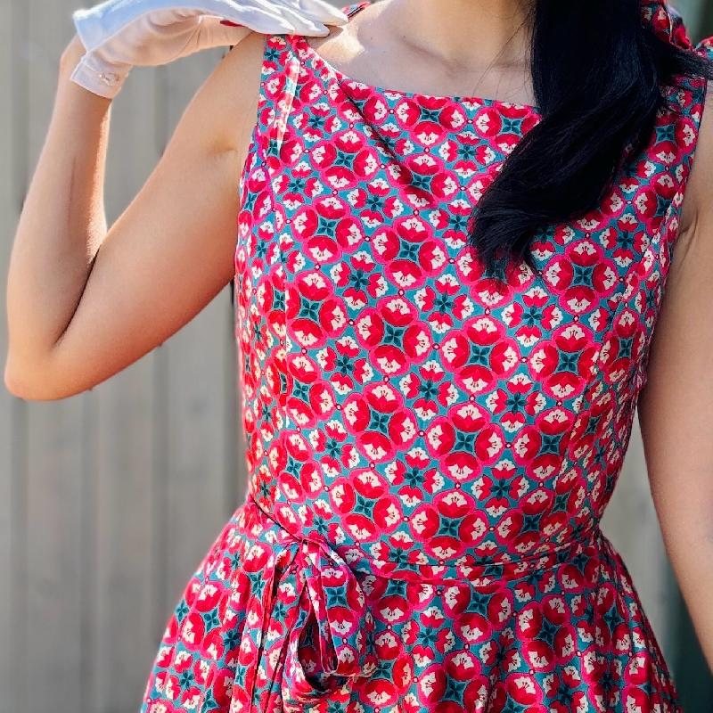 (Ready-Made) 1950s Style Silk Lustre Texture Boat Neck Fit & Flare Swing Dress With Bow Accent on Shoulder（FM213）
