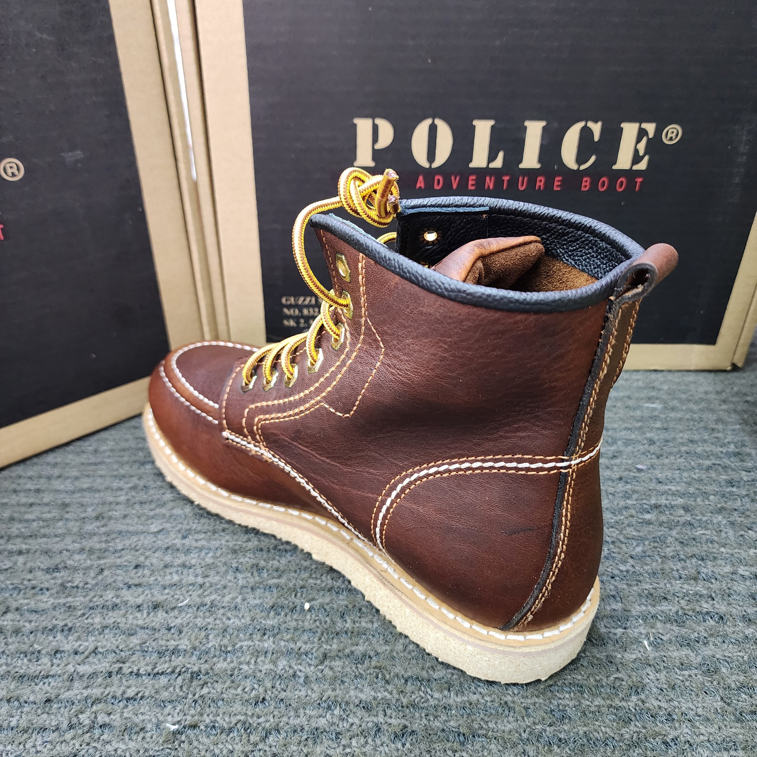 POLICE SAFETY 93597 Zip 93603 Lace Up Mid Cut Leather Safety Shoes Brown Kasut Keselamatan