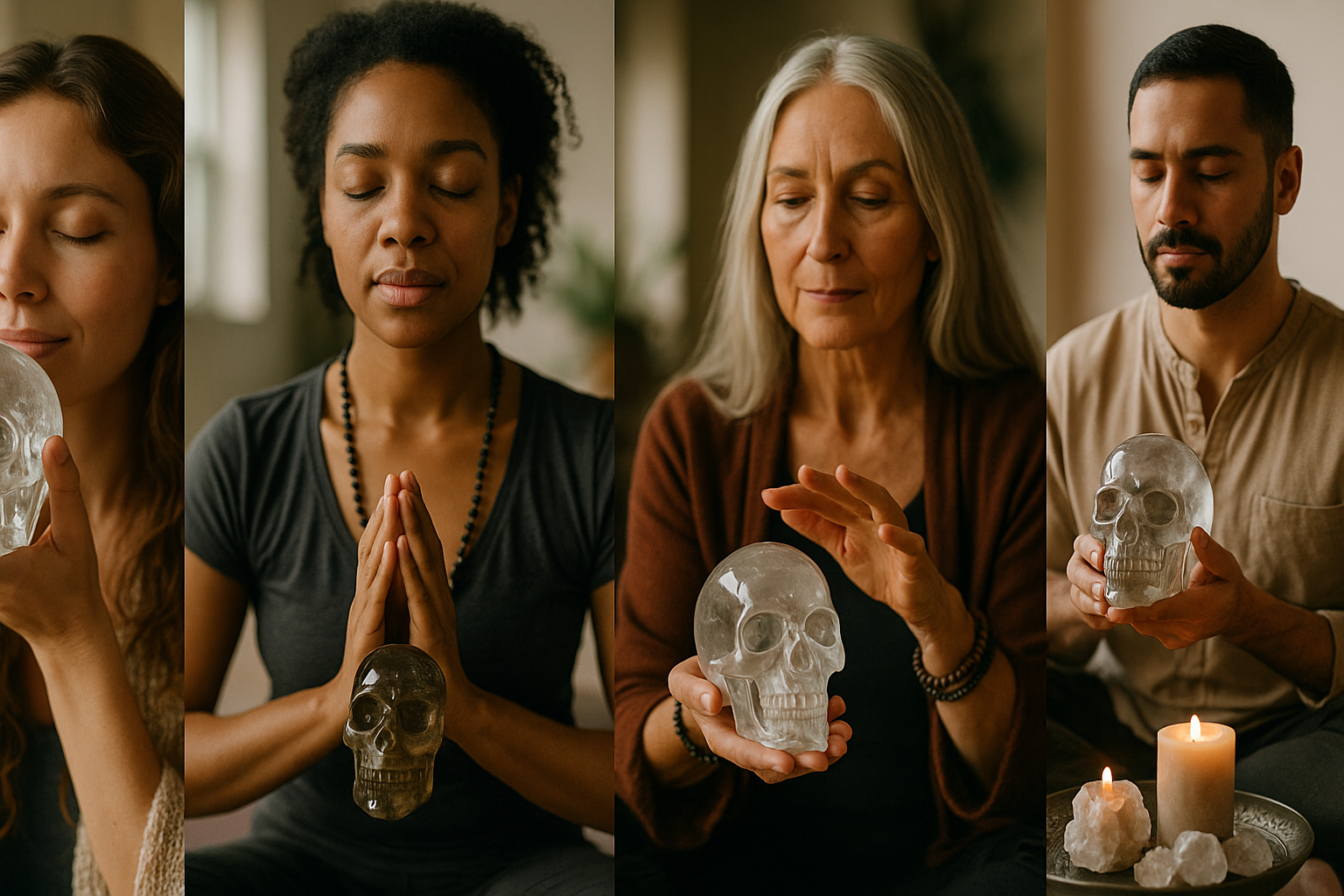 People using crystal skulls in various spiritual practices.