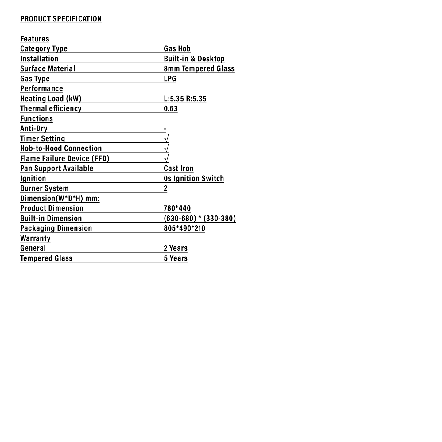 Haier 2-Burner Built-in Gas Hob with Timer (HC-Q68266BT)