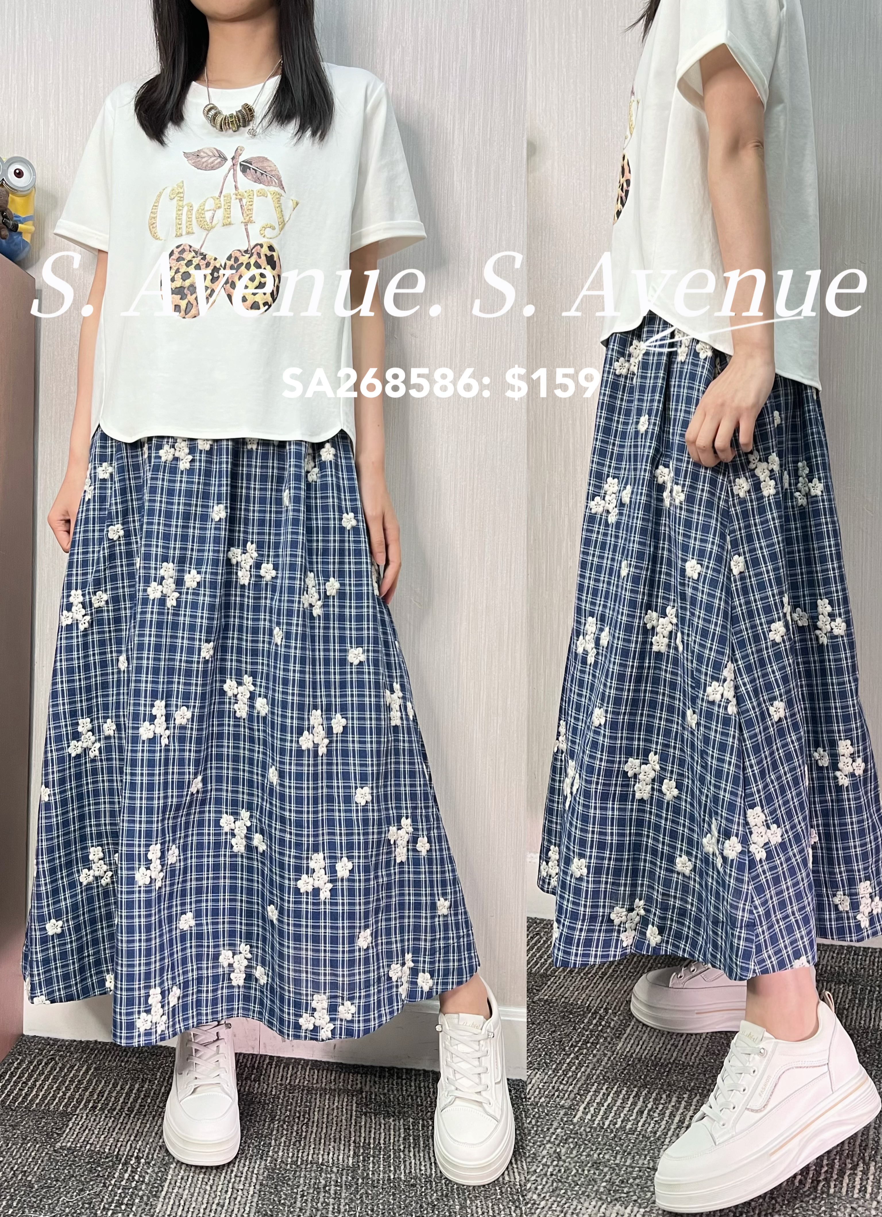 SA268586: 橡筋腰繡花格紋牛仔裙
