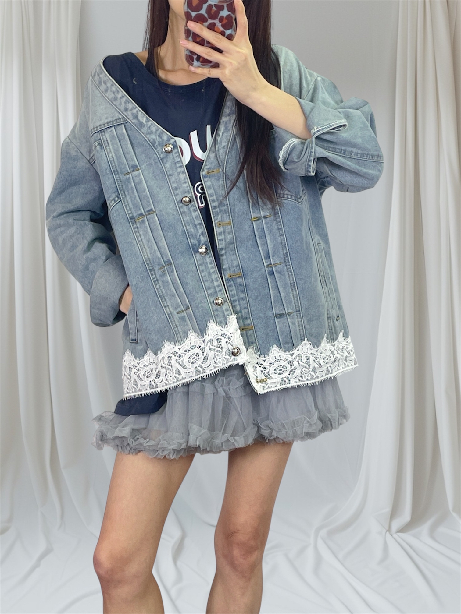 K5558 洗水牛仔衫腳拼lace外套