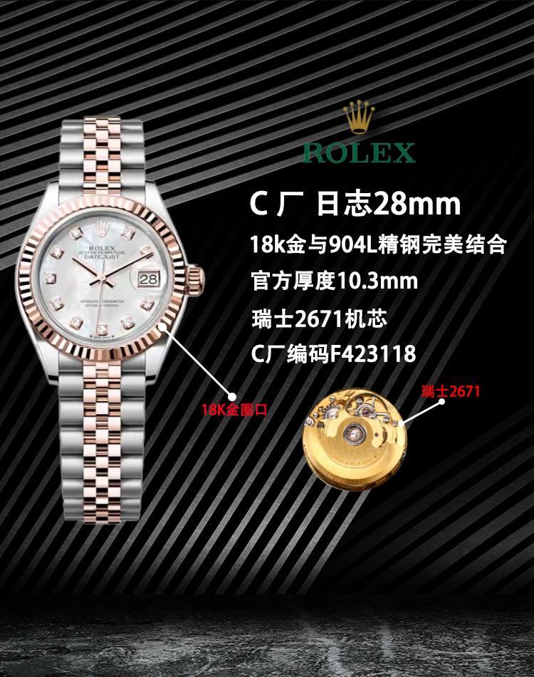 Clean/CS厂🌐—— 白金与904L精钢完美结合——劳力士日志型28mm 专为女性而设计的经典时计，技术而美观的结合不负期望，本次日志型28mm再次从细节入手，本次特点： 1.外壳以最纯粹的904钢原材料制造，狗牙圈以白金材质打造，CNC技术让圈口菱角更加立体，无毛刺，直径、内径尺寸吻合原装！表壳厚度10.3mm与原装一致！ 更提一点是表冠白金材质与圈口搭配吻合原装，表冠旋入式双扣锁双重防水系统！ 2.镜面抗刮损蓝水晶玻璃，防反光凸透式放大日历窗！ 3.劳力士表盘特点的皇冠logo，C厂还是技放术攻克了！还有各种特点的刻度丁都媲美原装，如下面细节图！ 4.采用瑞士2671机芯（参数28800）非国产2671！此机芯无论走时还是摆幅都比nh05机芯更好！虽然有点小贵，但好货不便宜！ 5.C厂用原装开模所谓的新款双头粒904L不锈钢钢带，月牙湾的中珠，厚度偏薄，对于女性手腕会更加贴服，看起来比较美观！如上细节图
