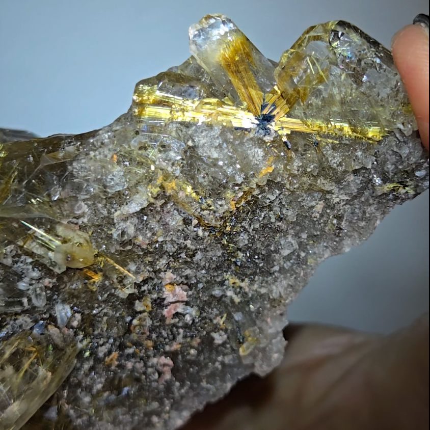 High-grade golden starburst rutiles on black hematite in quartz - RT1434