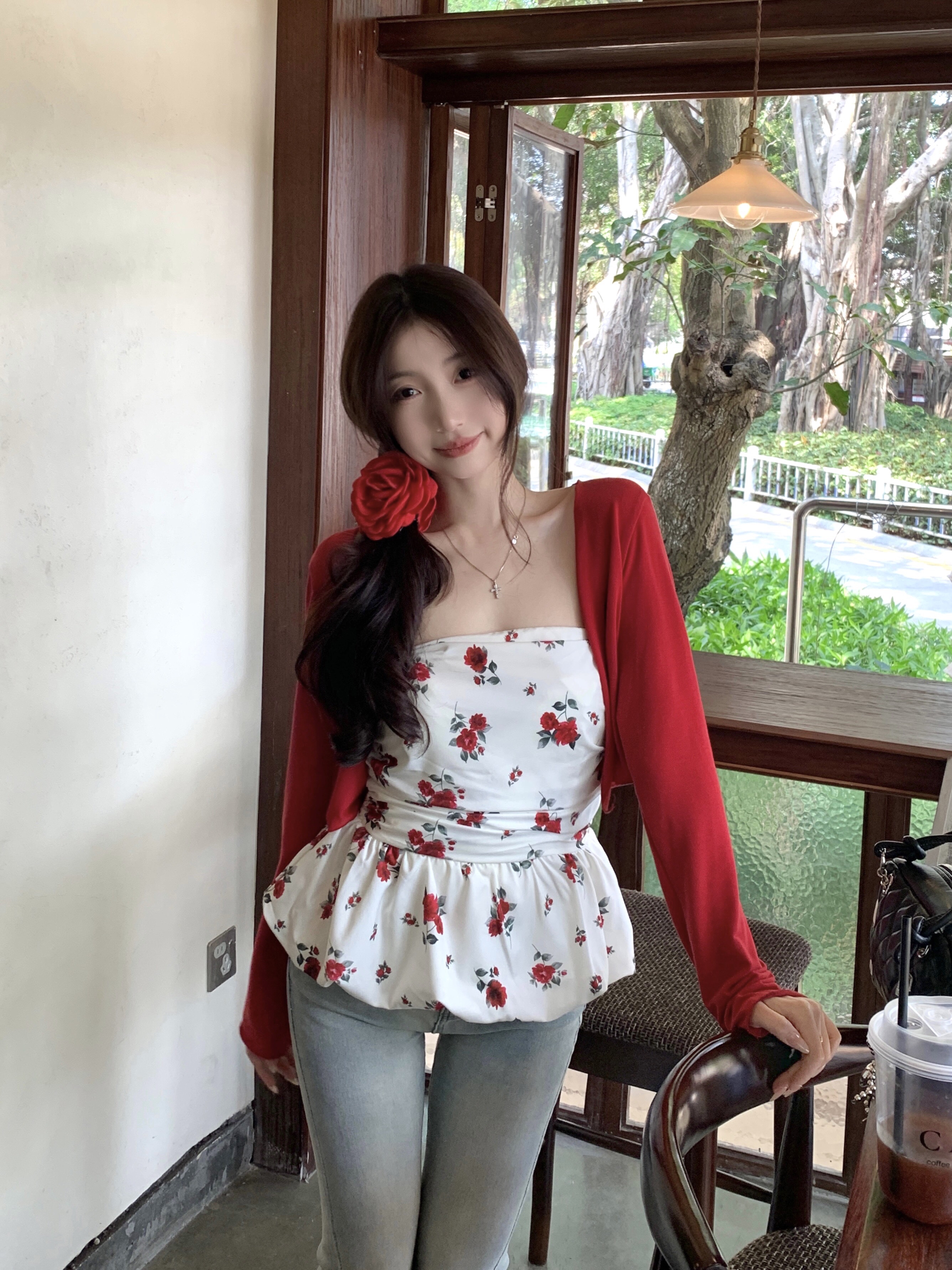 B193(5036) 韩系复古碎花下摆花苞边抹胸上衣与开衫红两件套上衣 