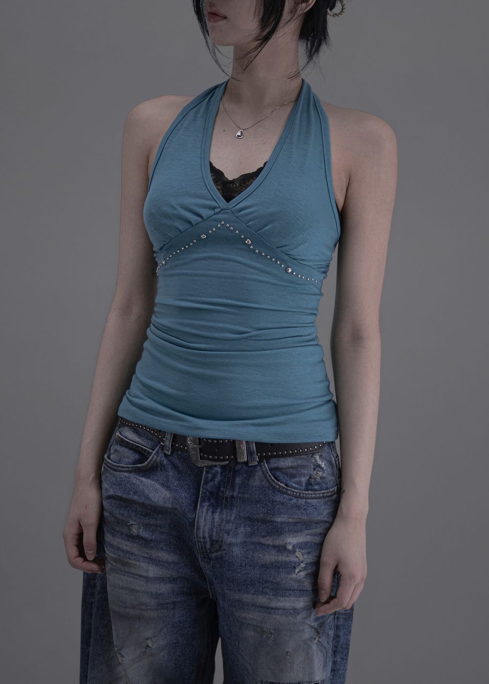 Studded Ruched Halterneck Top