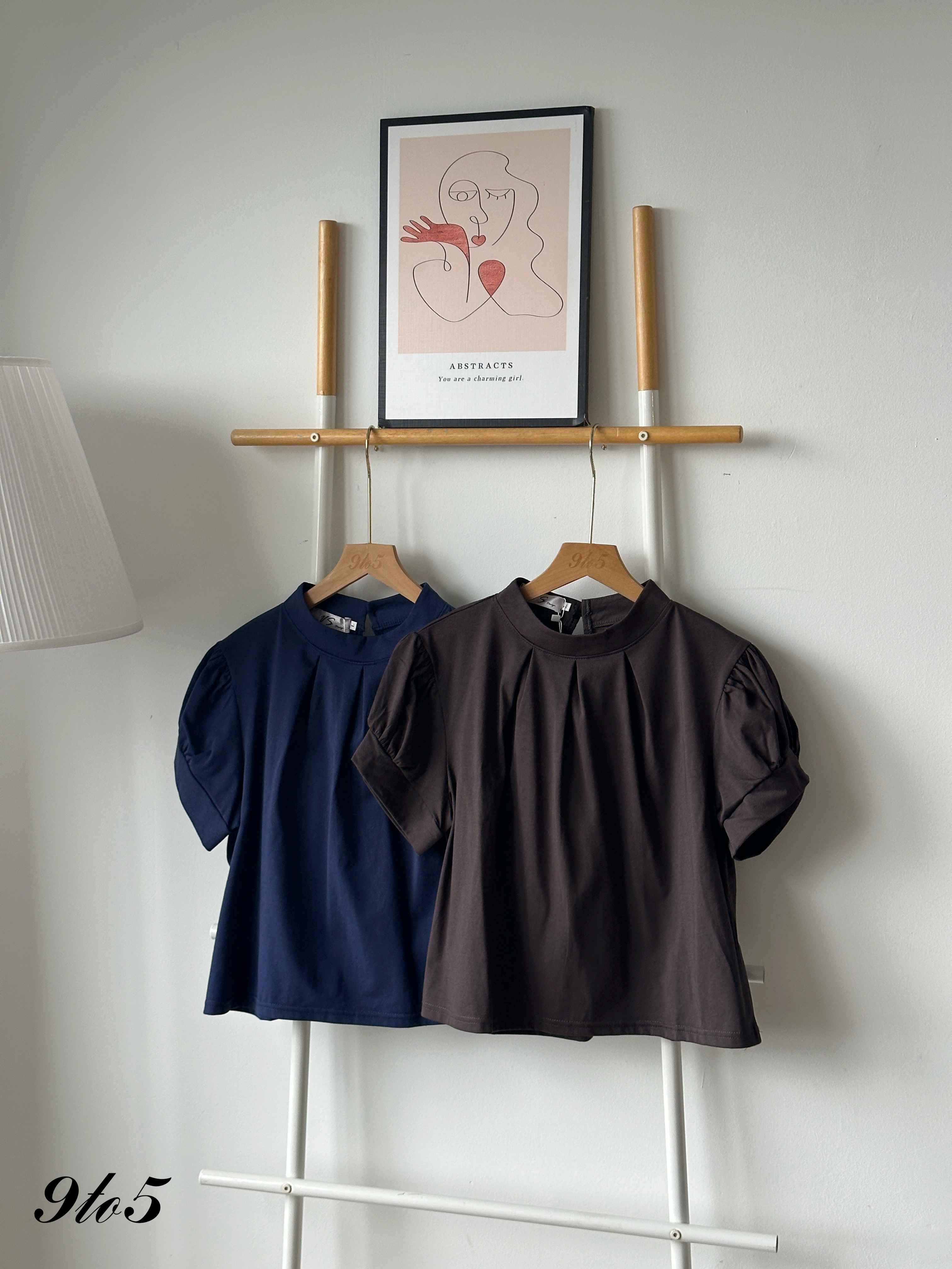T4242 Mock Neck Ruched Top - Blue & Grey