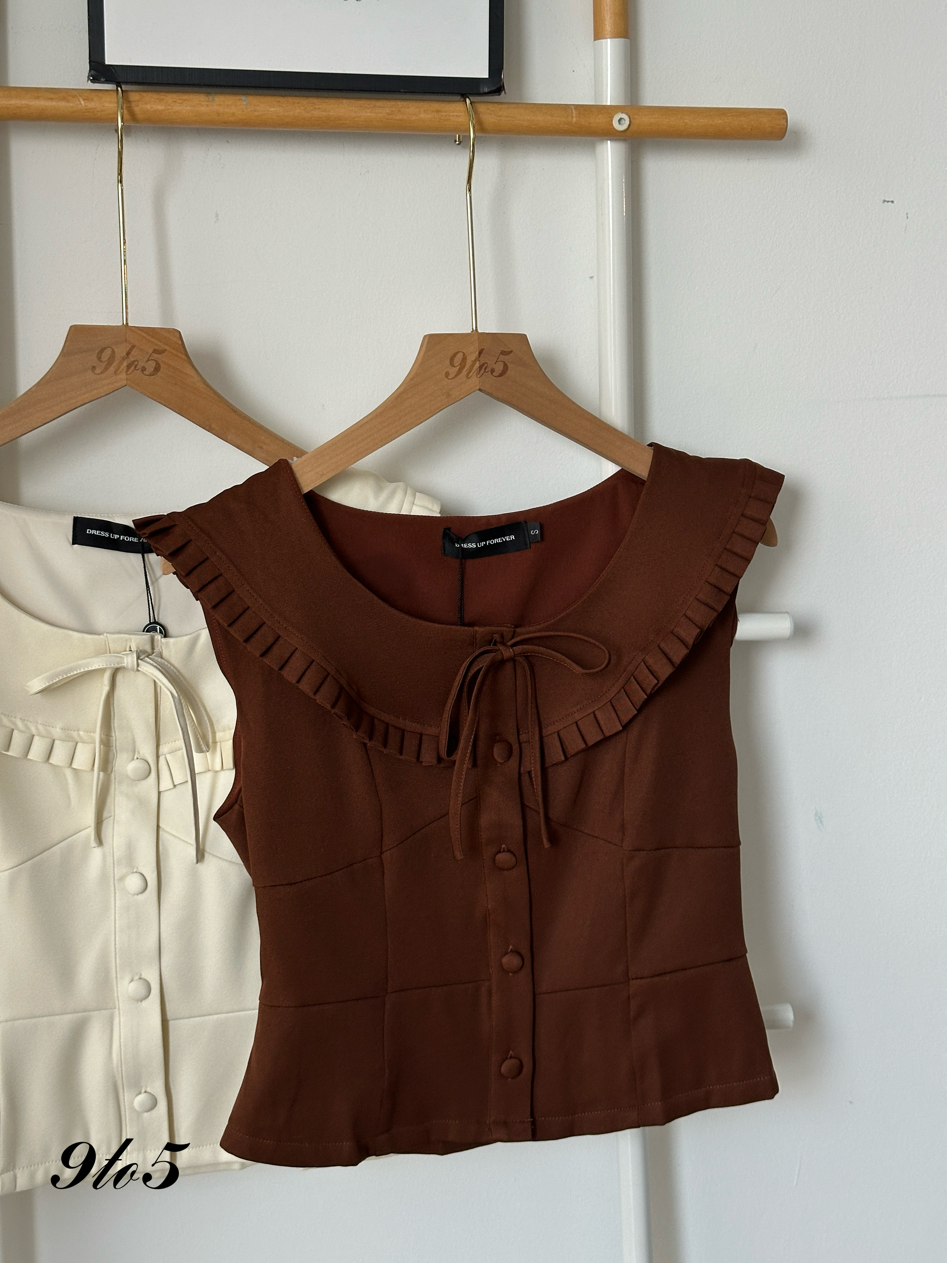 T4039 Bow-tie Ruffle Top - Brown & Cream