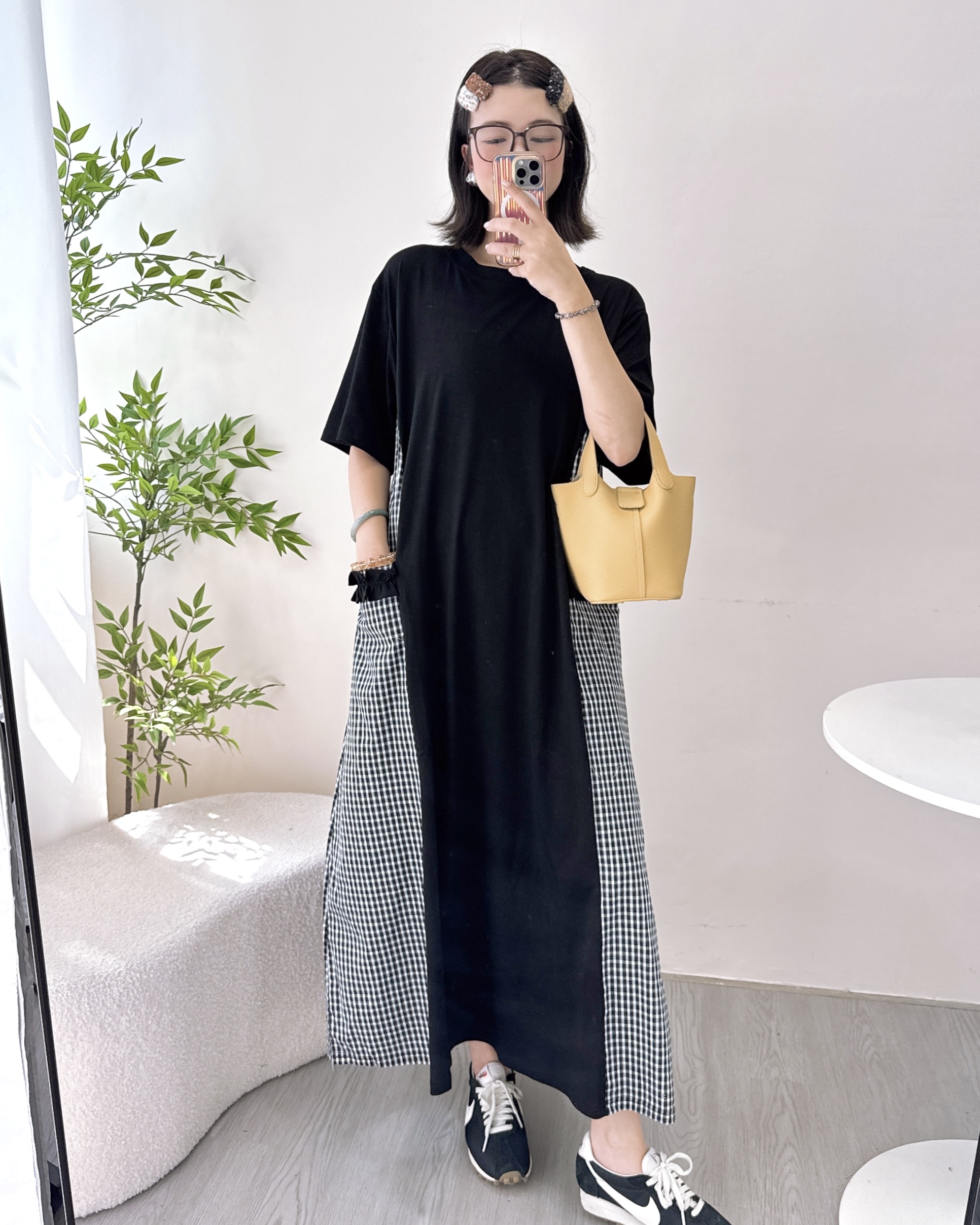 棉料拼格仔寬鬆長Ops 2色