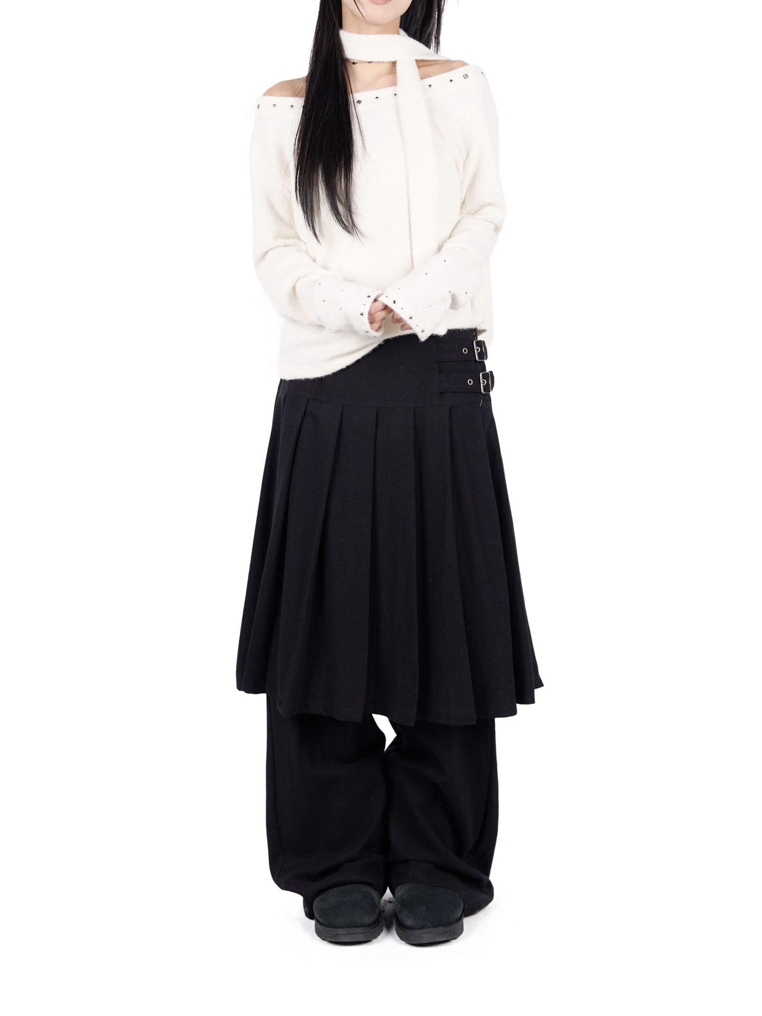 Pleated Layered Buckle Skirt Pants