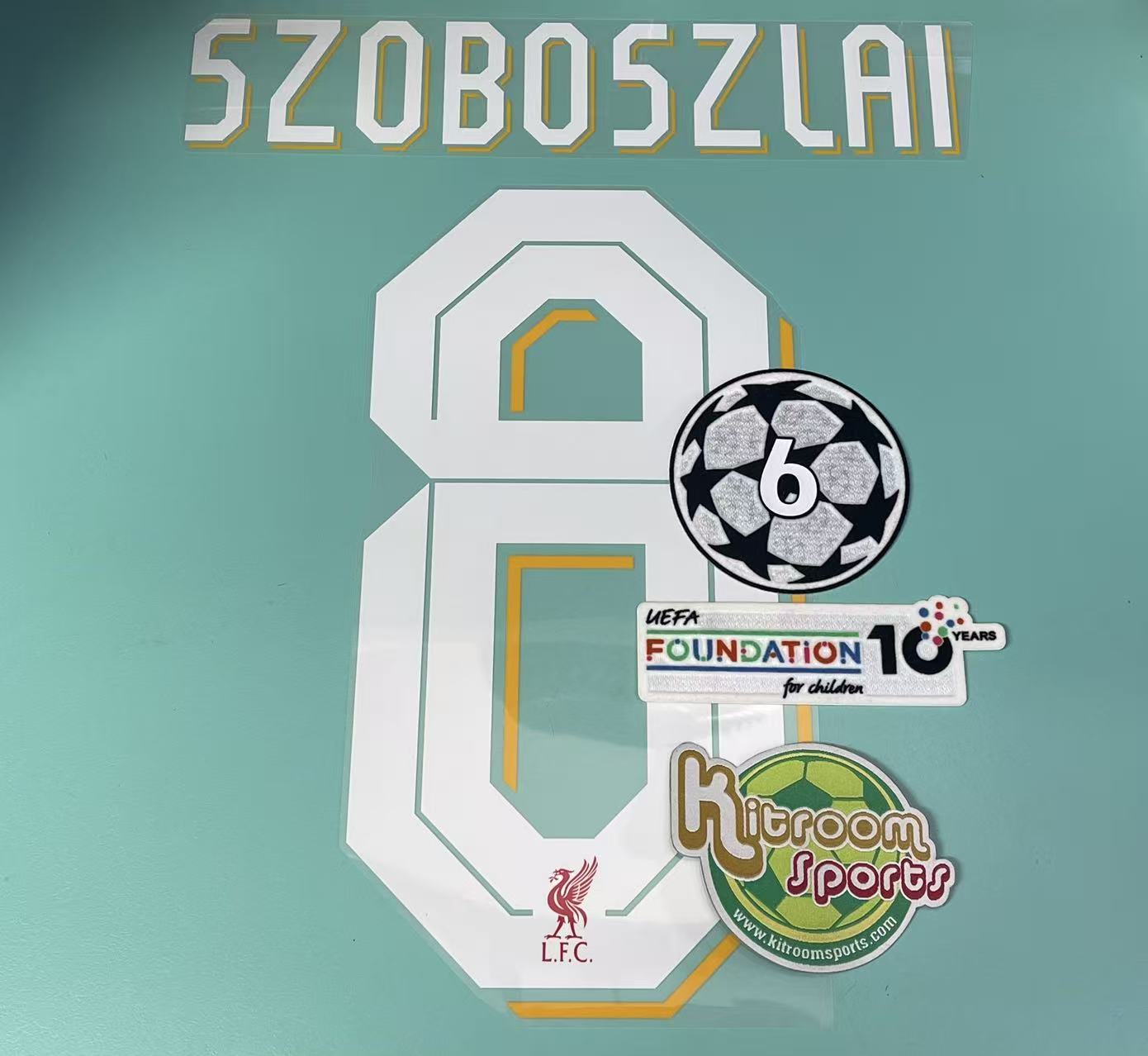 2025-26 Liverpool Home UCL Nameset #8 SZOBOSZLAI + 6 UCL + Foundation Patch