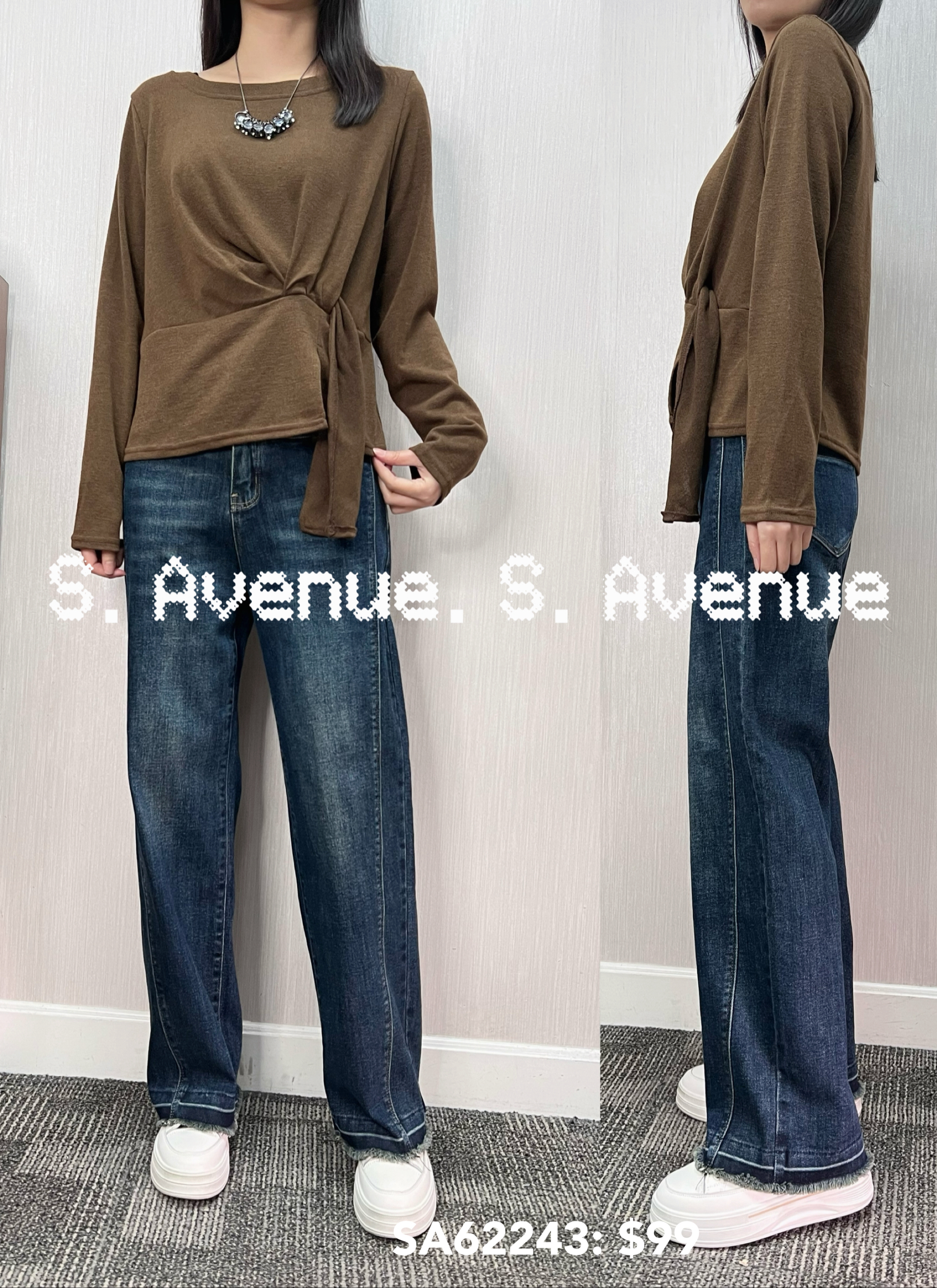 SA62243: 長袖淨色前穿帶仔top