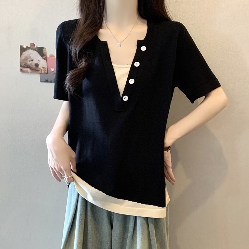 B139(1046) 韩版休闲风假两件小钮边V领撞色斜边下摆黑冰丝针织上衣