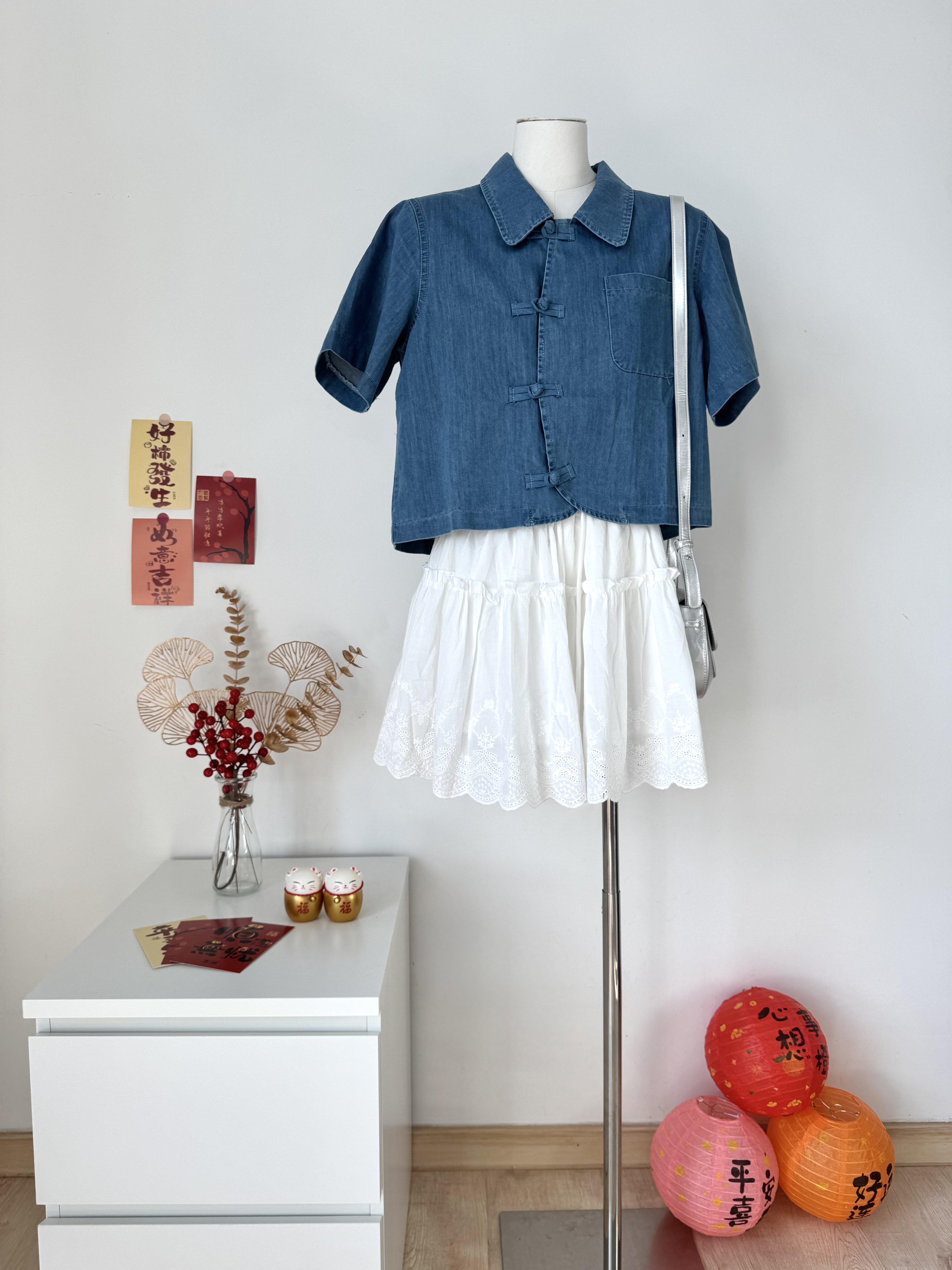 Oriental Polo Denim Blouse 新中式盘扣牛仔上衣 (1 colour )