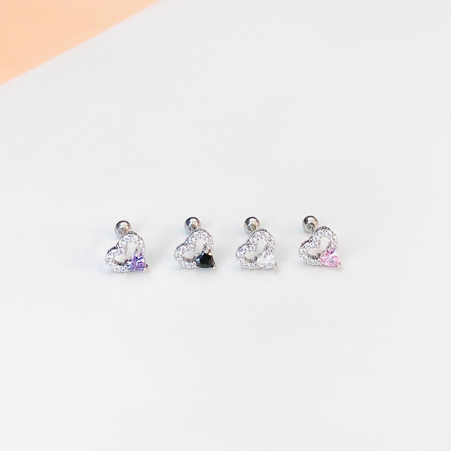 醫療鋼褸空愛心寶石單隻耳環 A974