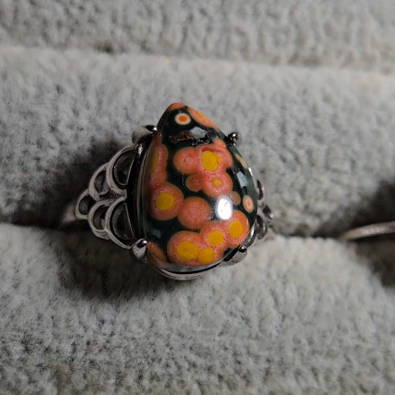 Old stock ocean jasper ring with pink-ringed yellow orbs (A) - JW33