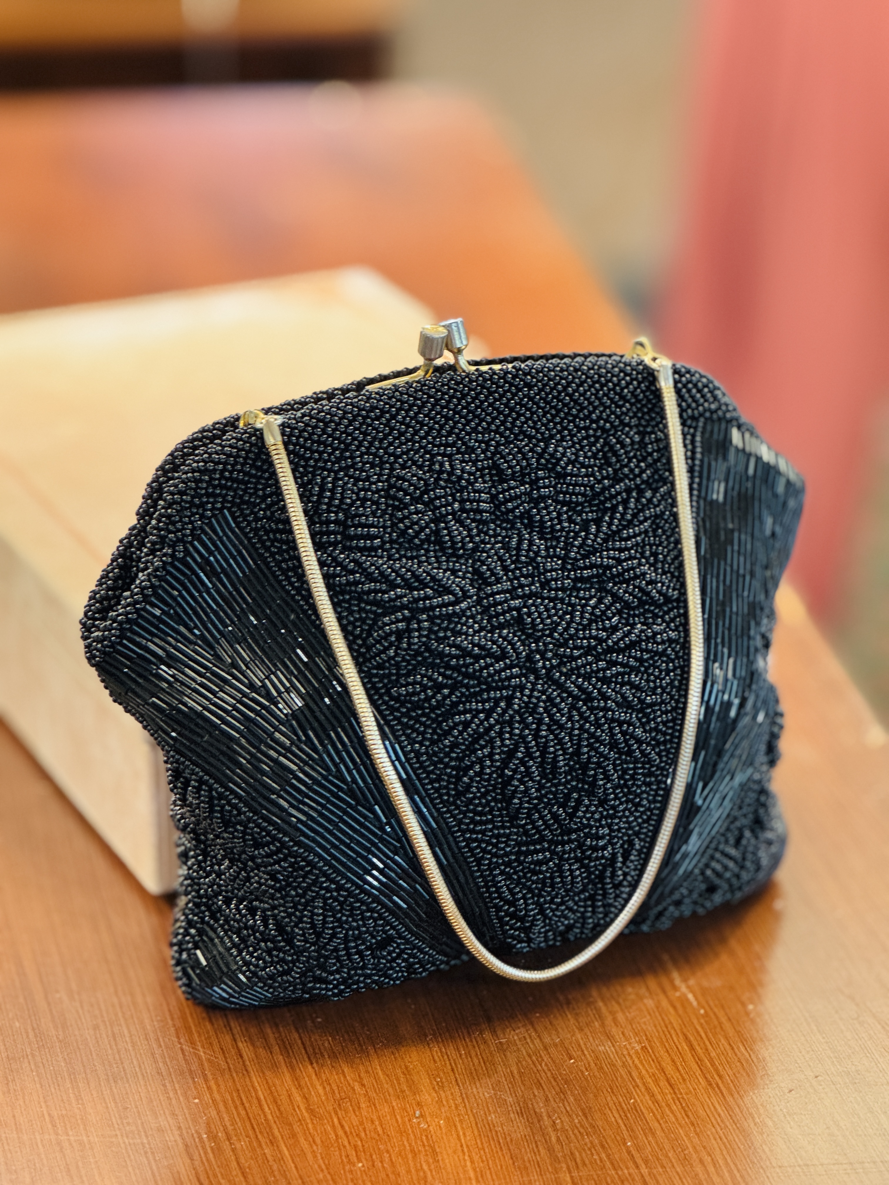 C.a. 1960s "Created by Mr John" Made in Hong Kong Floral Black Bead Bag (MT2501)