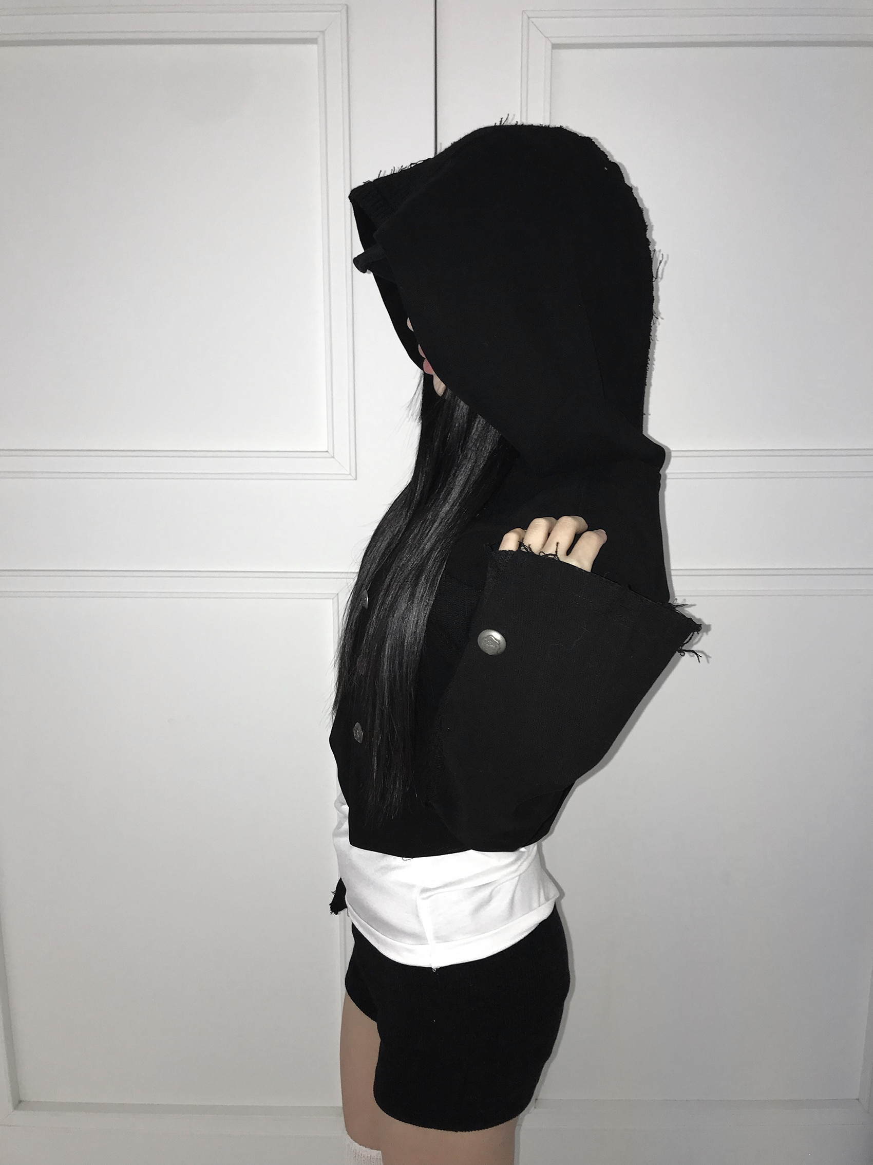 Asymmetric Raw-Edge Hooded Cropped Jacket