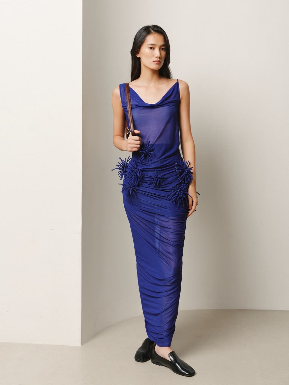 Draped Pom-Pom Sheer Dress